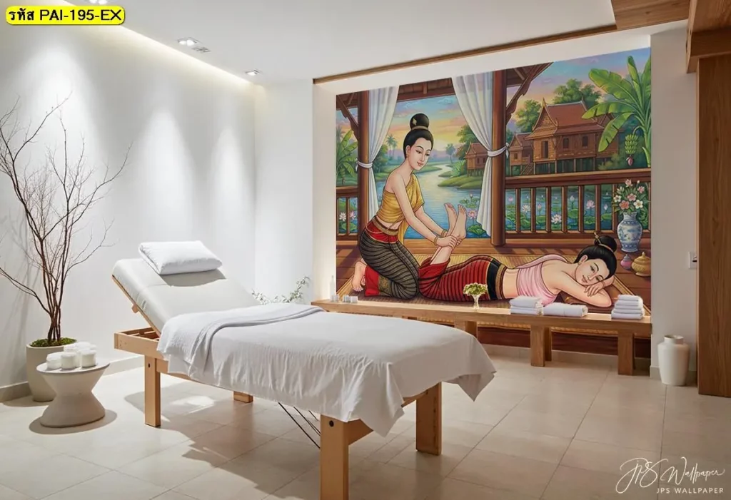 วอลเปเปอร์ร้านนวดไทย JPS Wallpaper ลายท่านวดพับขา ช่วยสร้างบรรยากาศผ่อนคลายในห้องนวด