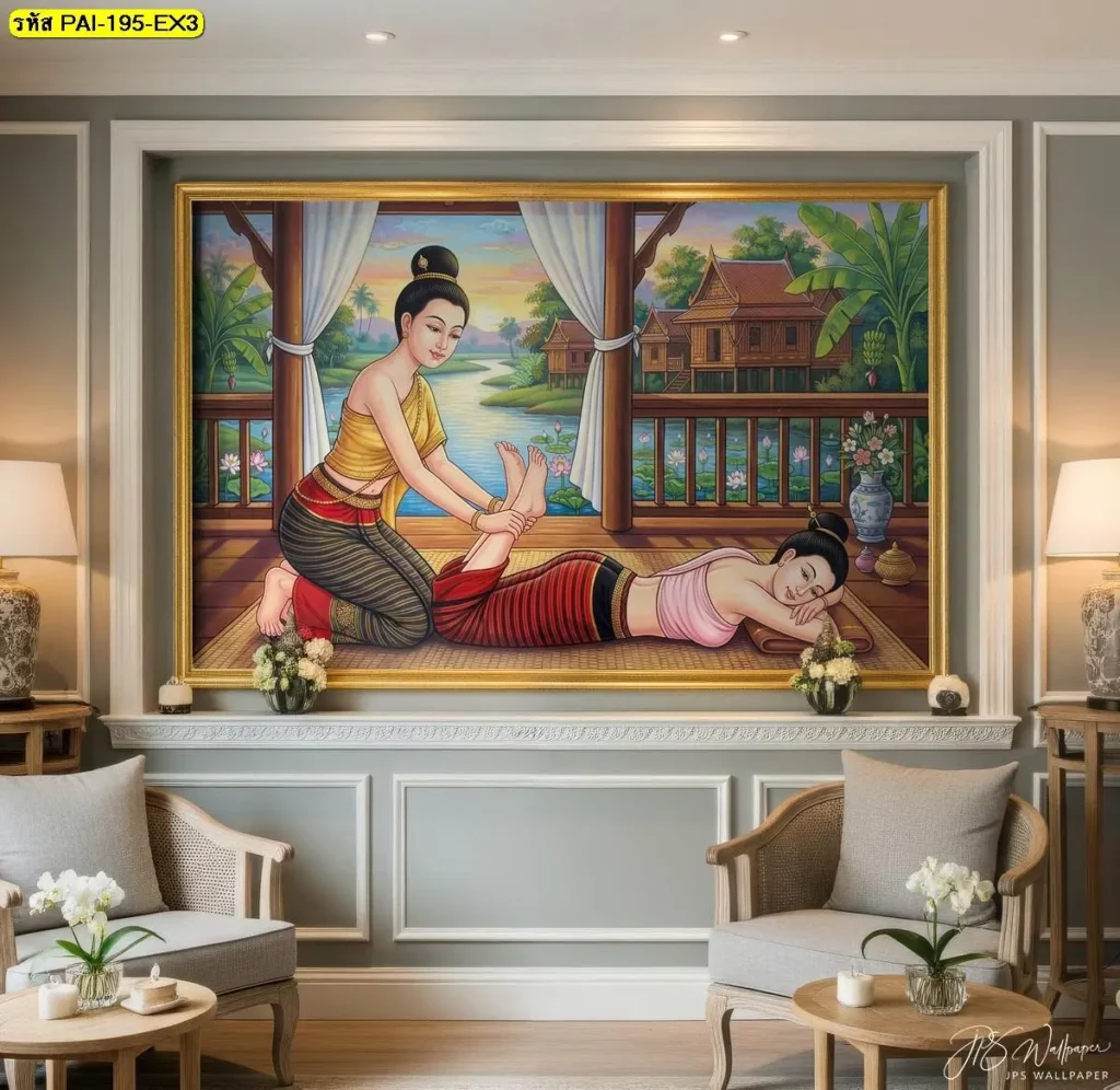 วอลเปเปอร์ภาพท่านวดพับขา JPS Wallpaper ใส่กรอบทองช่วยเพิ่มความภูมิฐานให้โซนต้อนรับ