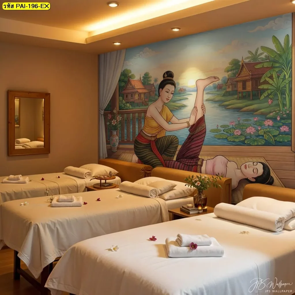วอลเปเปอร์ท่านวดไทยยืดขา JPS Wallpaper ภาพติดผนังสปาไทย ช่วยกำหนด mood ห้องและสร้างภาพจำให้ลูกค้า