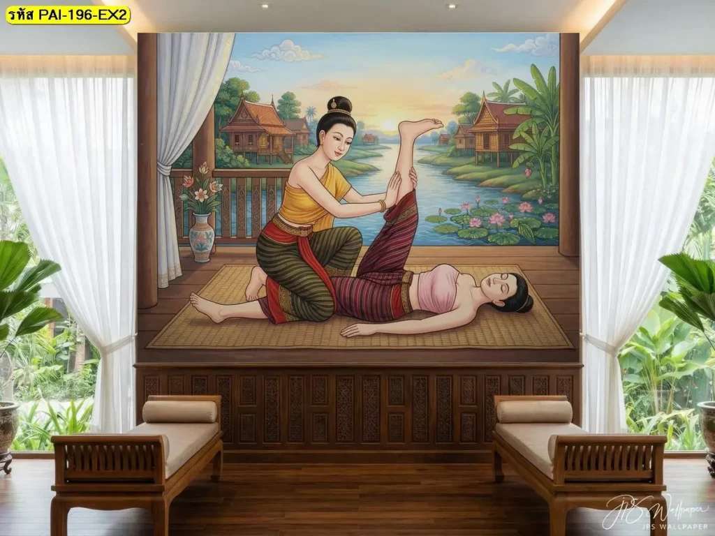 วอลเปเปอร์ท่านวดไทยยืดขา JPS Wallpaper ภาพผนังเต็มห้องนวด ช่วยให้พื้นที่ดูครบและเป็นจุดเด่นของร้าน