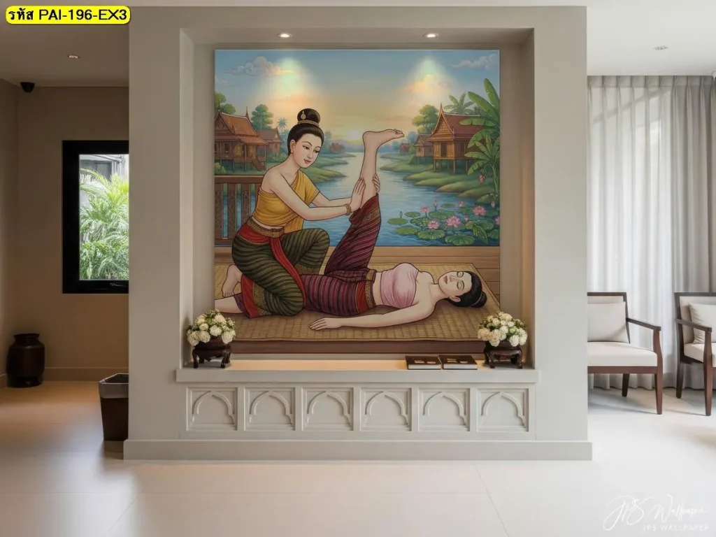 วอลเปเปอร์ท่านวดไทยยืดขา JPS Wallpaper ภาพตกแต่งผนังโถงร้าน ช่วยสื่อเอกลักษณ์ร้านตั้งแต่แรกเห็น