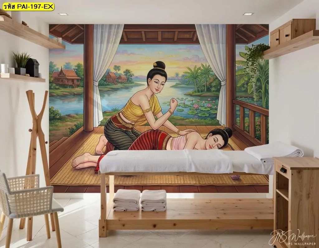 JPS wallpaper วอลเปเปอร์นวดแผนไทยท่าศอก ในห้องนวดไทย ใช้ผนังเป็นจุดเด่นของร้านสปา