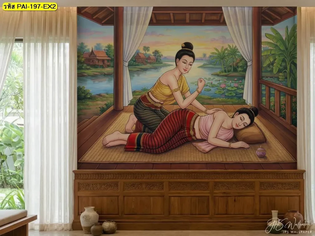 JPS wallpaper ภาพนวดหลังตกแต่งผนัง ตัวอย่างผนังร้านนวดไทย โทนอบอุ่นแบบไทยร่วมสมัย