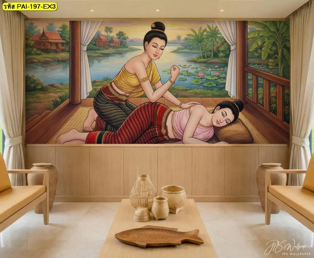 JPS wallpaper ตัวอย่างผนังร้านนวดไทย วอลเปเปอร์นวดแผนไทยท่าศอก ภาพเต็มผนังร้านสปา