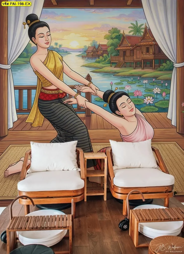 JPS Wallpaper วอลเปเปอร์ภาพนวดไทยยืดแขน ตกแต่งมุมพักร้านสปาไทยโทนไม้