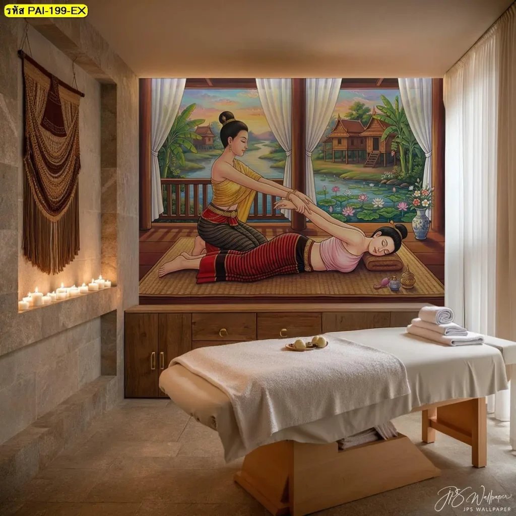 ผนังร้านนวดตกแต่งด้วยภาพท่าดึงแขนแบบไทย JPS Wallpaper โทนอบอุ่น