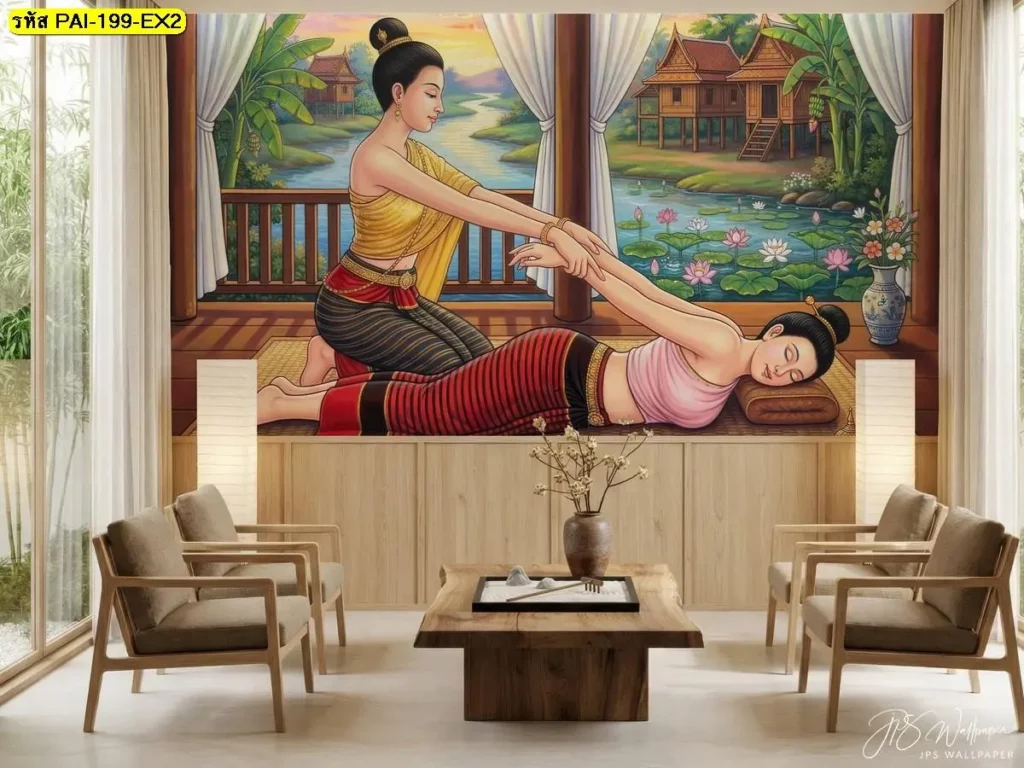 ภาพศิลปะนวดไทยติดผนังพื้นที่รับรอง JPS Wallpaper ฉากบ้านไม้ริมน้ำและบัว
