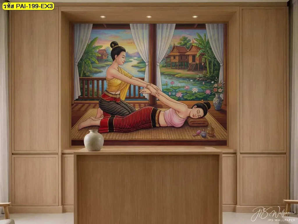 ภาพนวดไทยท่าดึงแขน JPS Wallpaper ใช้เป็นจุดนำสายตาในร้านนวด