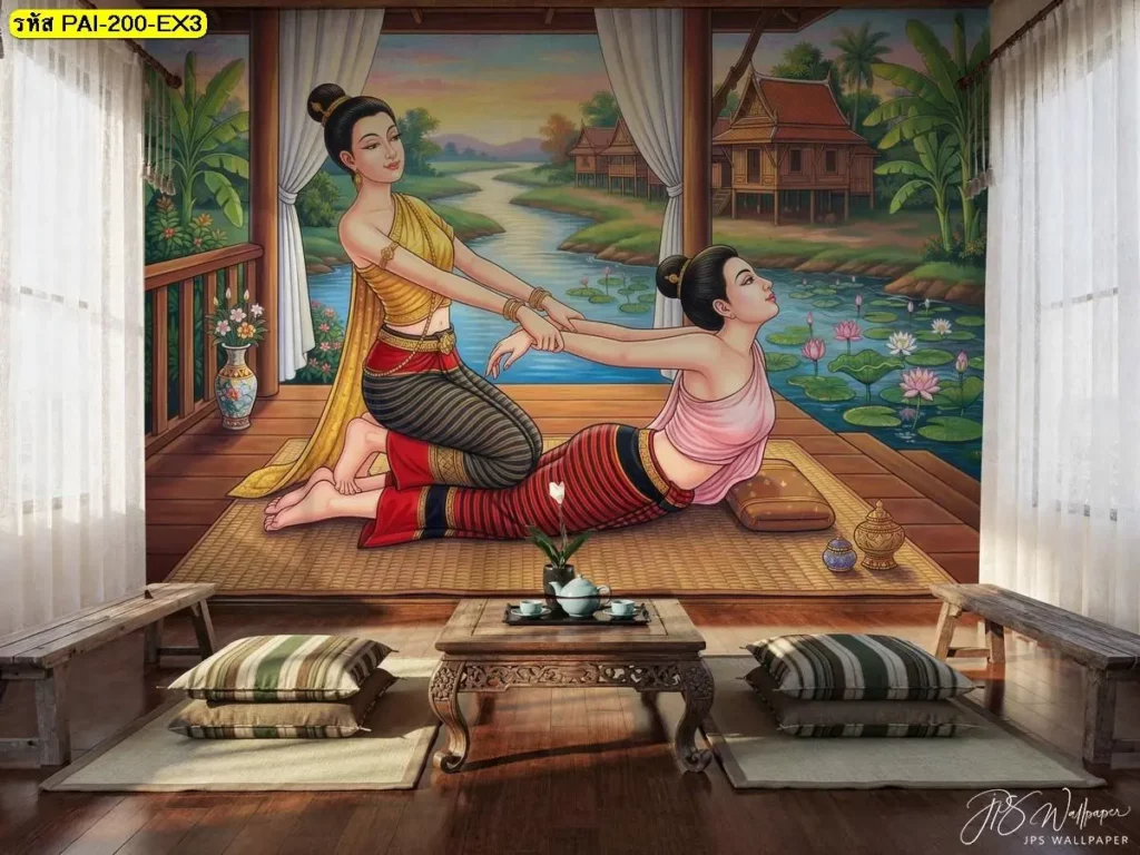 ภาพนวดไทยดัดหลังตกแต่งผนังร้านสปา วอลเปเปอร์สั่งพิมพ์ JPS Wallpaper