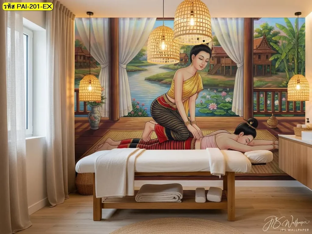 วอลเปเปอร์ภาพนวดไทยตกแต่งห้องสปา โทนอบอุ่น พร้อมฉากเรือนไทยและบรรยากาศผ่อนคลาย JPS Wallpaper