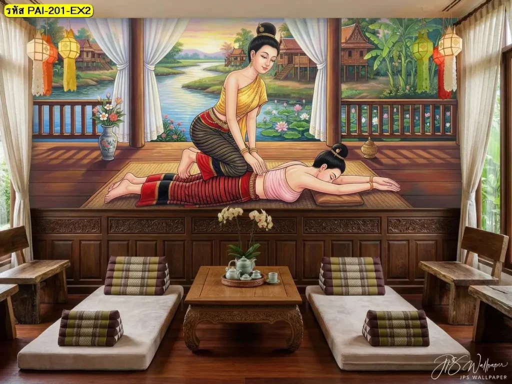 ภาพติดผนังร้านนวดโทนอบอุ่น ลายท่านวดไทยในเรือนไทย ช่วยให้พื้นที่ร้านดูมีเรื่องราว JPS Wallpaper
