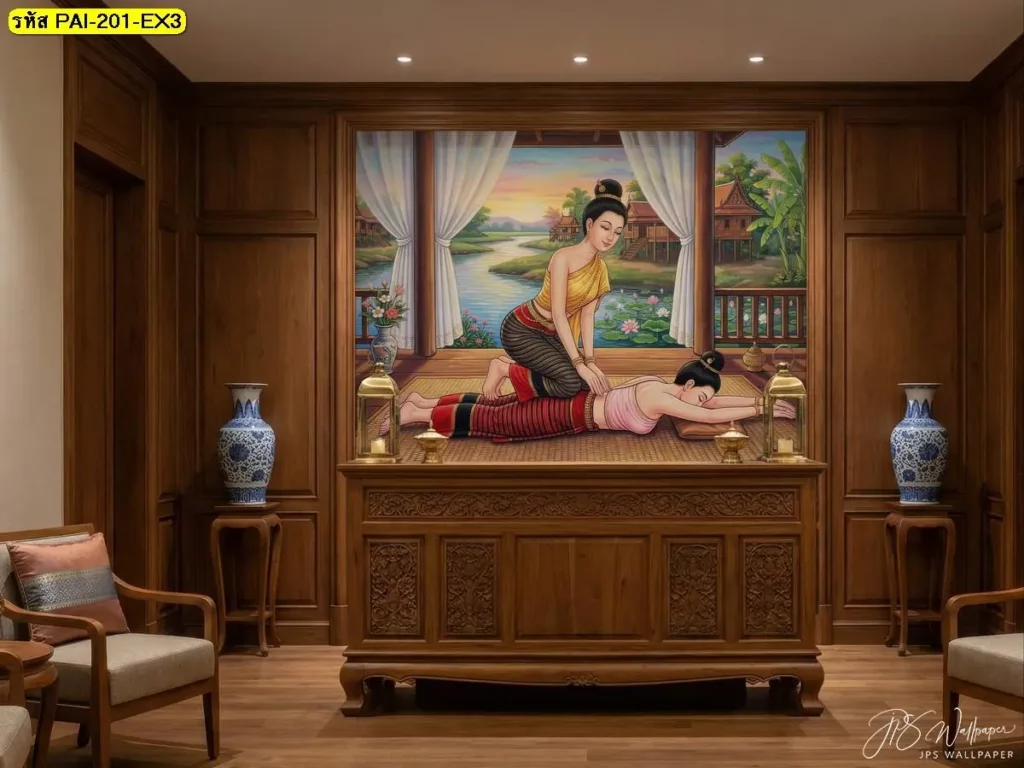 วอลเปเปอร์ภาพนวดไทยสำหรับผนังร้านสปา โทนไม้เรียบหรู ใช้เป็นจุดเด่นของพื้นที่ JPS Wallpaper