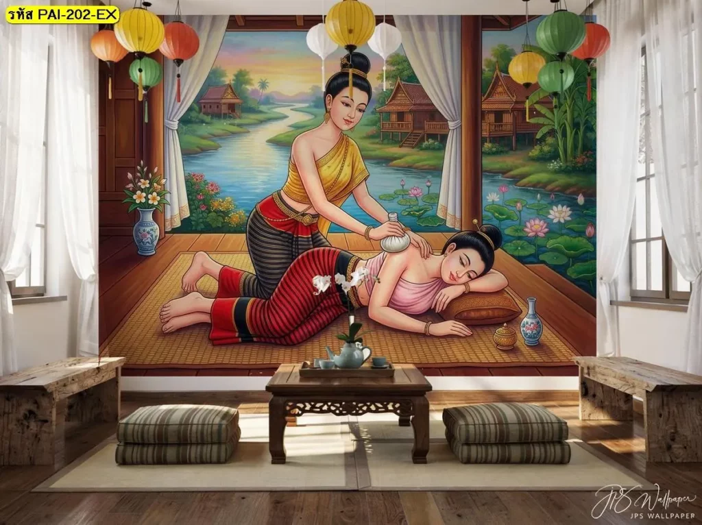 วอลเปเปอร์สปาไทยลายท่านวดประคบสมุนไพรในร้านสปา