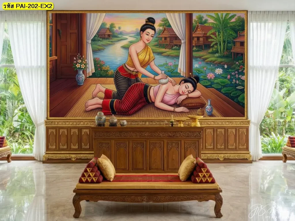 การตกแต่งผนังร้านนวดด้วยวอลเปเปอร์ลายท่านวดประคบสมุนไพร