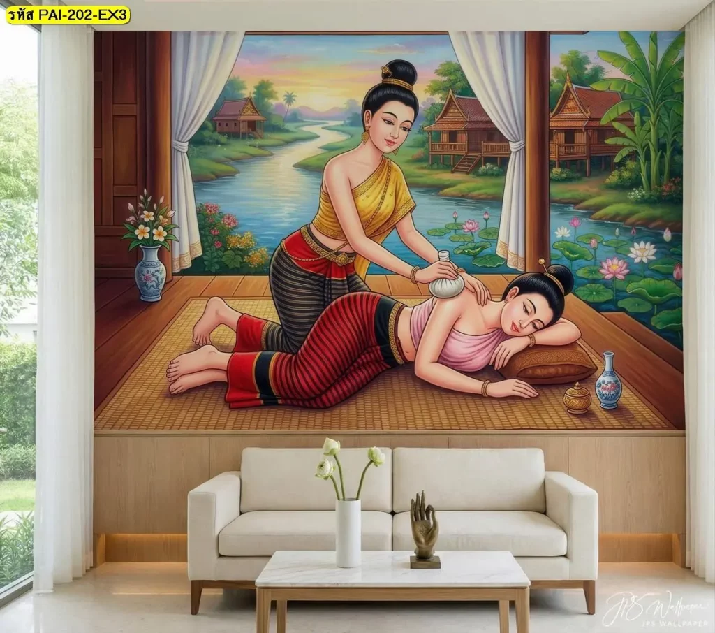 ภาพผนังร้านนวดไทยที่ตกแต่งด้วยวอลเปเปอร์ท่านวดประคบสมุนไพร