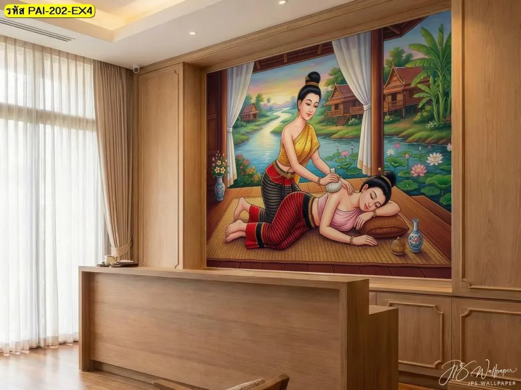 การตกแต่งผนังในร้านนวดไทยด้วยวอลเปเปอร์ท่านวดประคบสมุนไพร