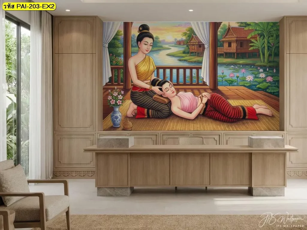 วอลเปเปอร์ท่านวดหน้ารูปภาพเต็มผนังในร้านนวดไทย สร้างบรรยากาศสงบและผ่อนคลาย