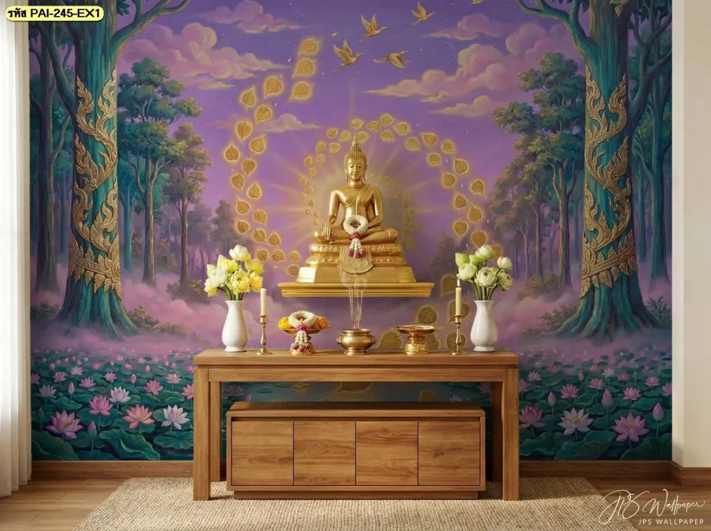 วอลเปเปอร์ห้องพระโทนม่วง พระพุทธรูปทอง หลังโต๊ะบูชาไม้ PAI-245