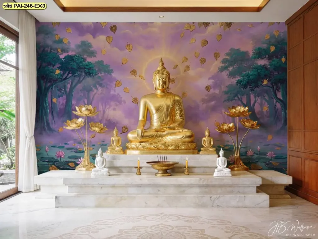 วอลเปเปอร์พระพุทธรูปพื้นหลังม่วง ใบโพธิ์ทองสำหรับห้องพระใหญ่