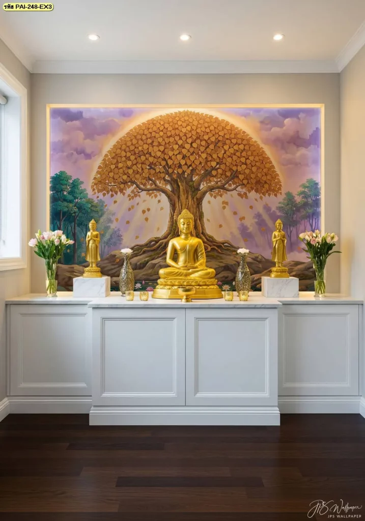 วอลเปเปอร์ต้นโพธิ์ทองหลังพระประธาน ห้องพระบิวท์อินสีขาวโทนม่วง