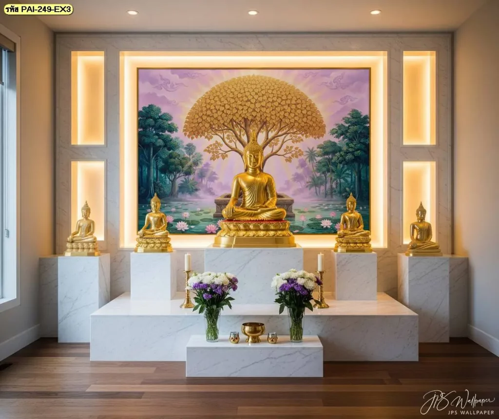 วอลเปเปอร์ศรีมหาโพธิ์สีทอง ห้องพระหรูโทนม่วงและบัวริมสระสงบงาม
