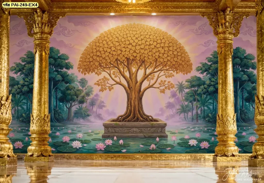 วอลเปเปอร์ศรีมหาโพธิ์ทองเต็มผนัง โถงวัดเสาทองลายไทยสวยสงบงาม