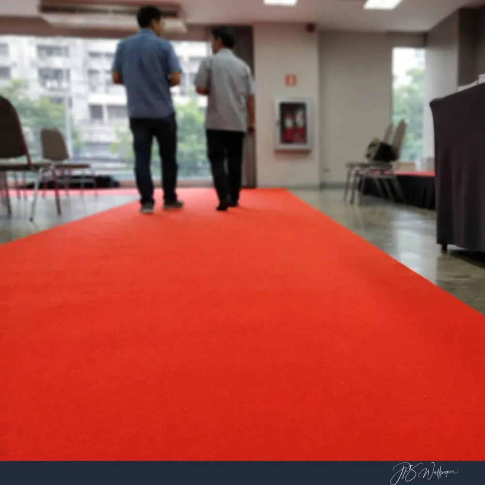 พรมอัดเรียบสีแดงปูเป็นทางเดินในห้องจัดงาน ตัวอย่างการใช้งานสำหรับงานประชุมและกิจกรรมภายในอาคาร