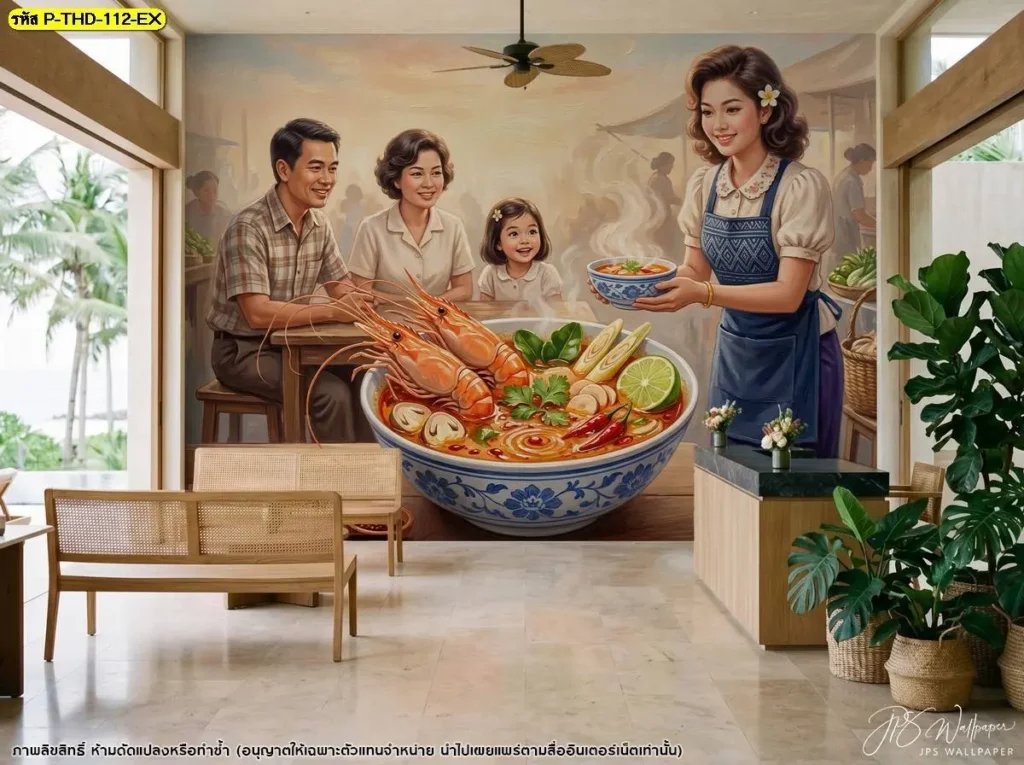 ภาพต้มยำกุ้งติดผนังร้านในพื้นที่โปร่ง แต่งด้วยเฟอร์นิเจอร์ไม้และต้นไม้