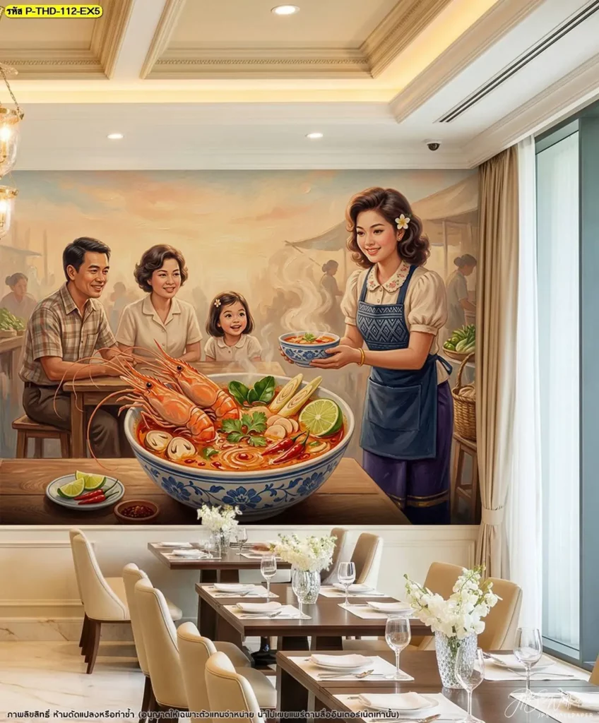 วอลเปเปอร์ร้านอาหารไทยต่างประเทศ ลายต้มยำกุ้งกับพื้นที่รับประทานอาหาร