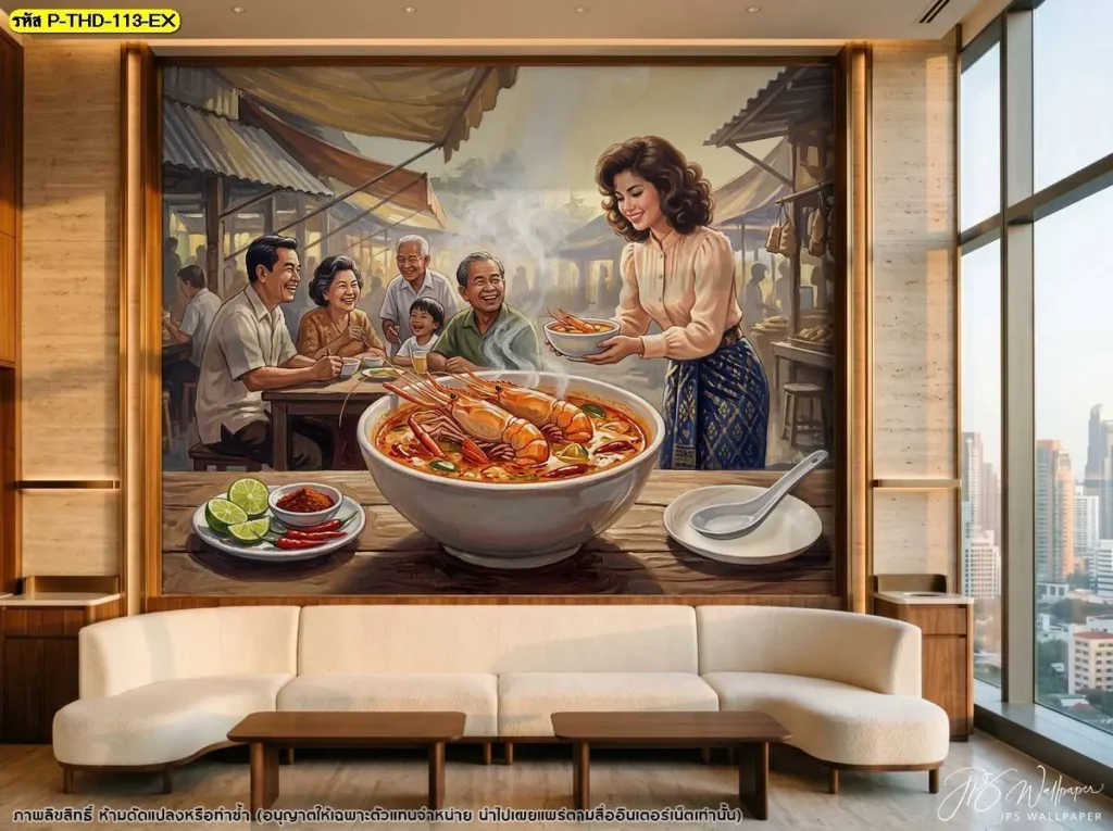 ภาพต้มยำกุ้งสไตล์วินเทจบนผนังใหญ่เหนือโซฟาในพื้นที่รับรอง