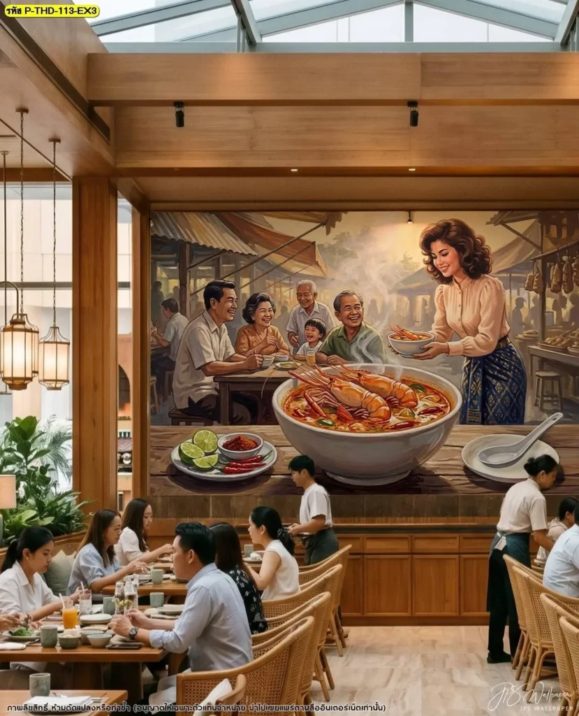 ตกแต่งร้านต้มยำด้วยภาพอาหารไทยสไตล์วินเทจบนผนังห้องอาหาร