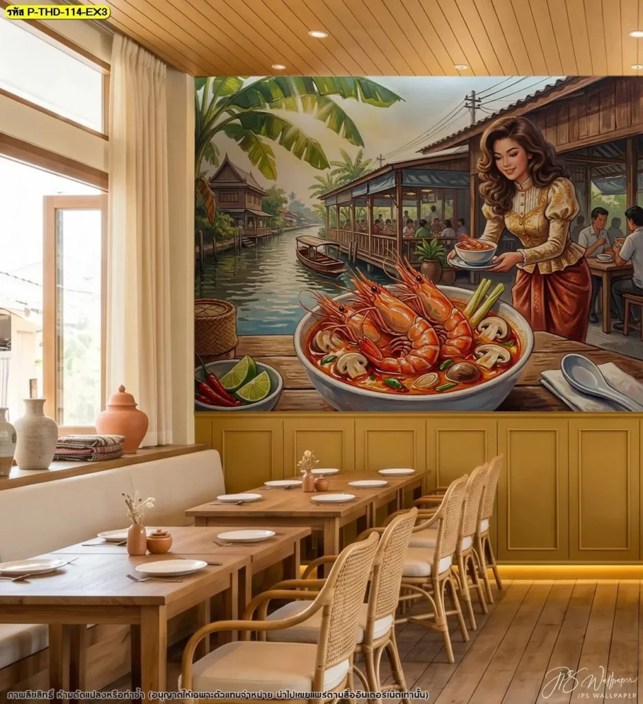 ภาพต้มยำกุ้งและตลาดน้ำบนผนังใหญ่สำหรับตกแต่งร้านอาหารไทย