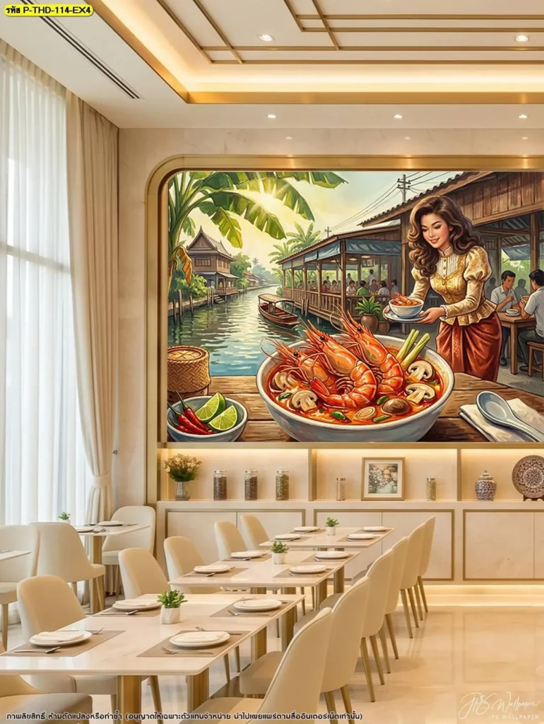 วอลเปเปอร์ต้มยำกุ้งภาพตลาดน้ำในร้านอาหารไทยโทนครีมเรียบหรู