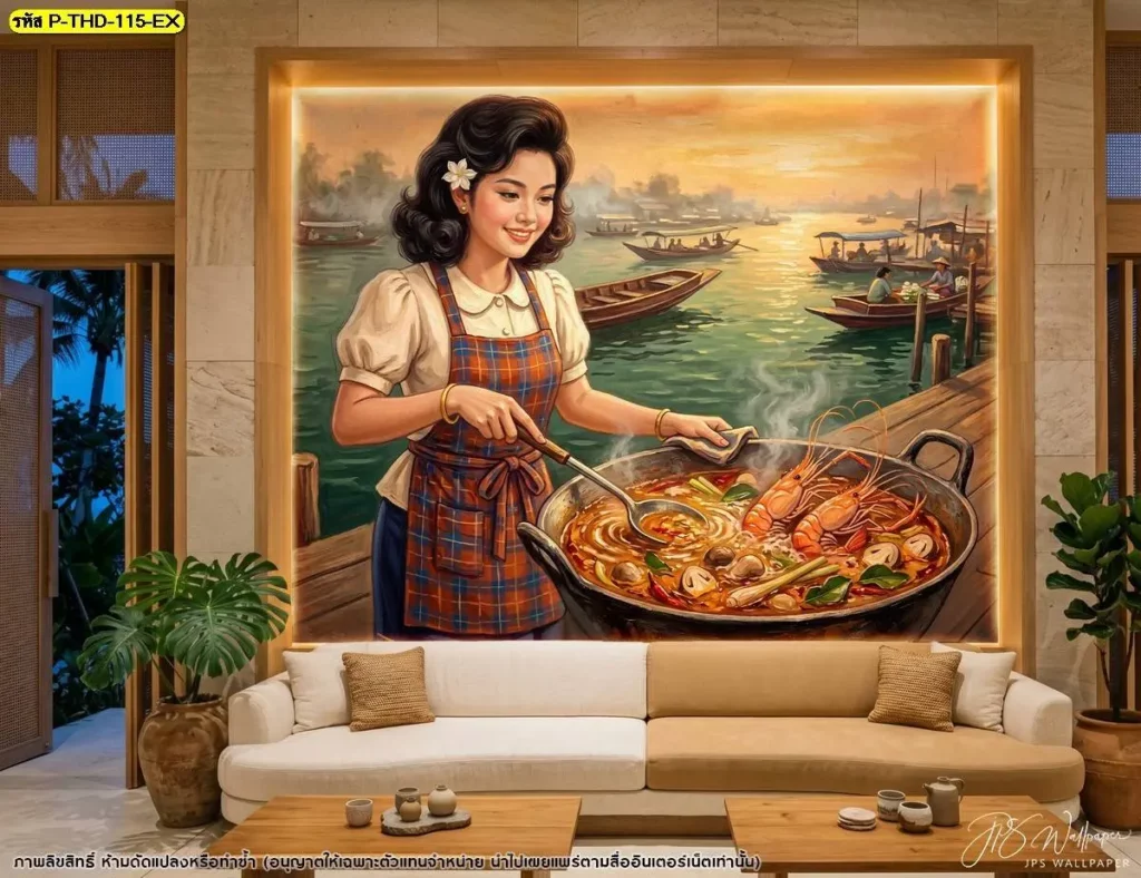 วอลเปเปอร์ภาพวาดต้มยำกุ้งสไตล์เรโทรหลังโซฟาในล็อบบี้ร้านอาหารไทย