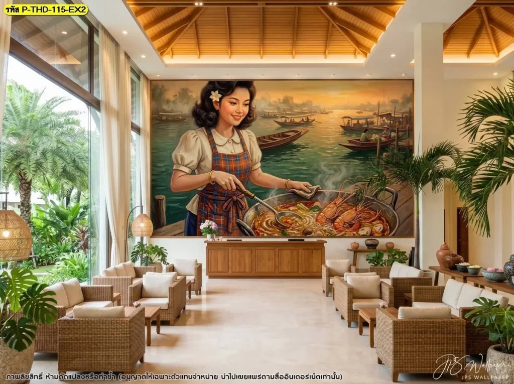 ภาพวาดต้มยำกุ้งขนาดใหญ่ในโถงต้อนรับร้านอาหารไทยสไตล์รีสอร์ต
