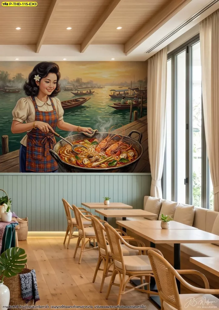 ภาพวาดต้มยำกุ้งสไตล์เรโทรบนผนังร้านอาหารไทยโทนไม้ริมหน้าต่าง