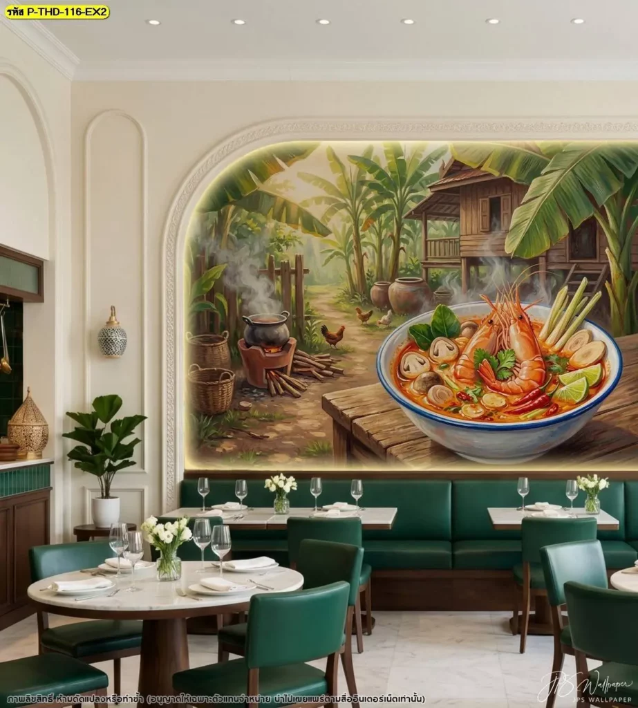 ภาพต้มยำกุ้งติดผนังร้านอาหารไทยกับเบาะสีเขียวและกรอบโค้ง