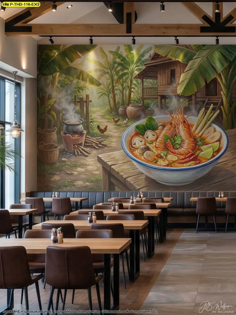 ภาพติดผนังร้านอาหารไทยลายต้มยำกุ้งกับโต๊ะไม้โทนน้ำตาล