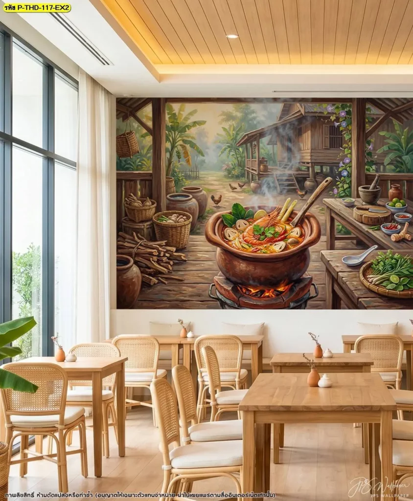 วอลเปเปอร์ภาพครัวไทยกับหม้อต้มยำกุ้ง ในร้านอาหารโปร่งโทนไม้ธรรมชาติ
