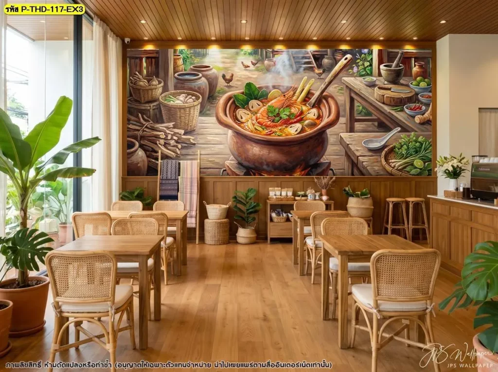 วอลเปเปอร์ครัวไทยโบราณ ภาพหม้อต้มยำกุ้งในร้านอาหารโทนไม้แบบบ้านไทย