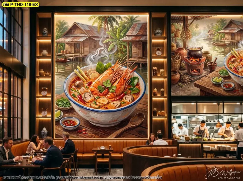 วอลเปเปอร์ภาพต้มยำกุ้งขนาดใหญ่ในร้านอาหารโอเพ่นคิทเช่นโทนเข้ม