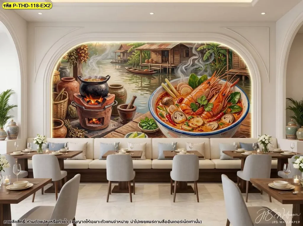 วอลเปเปอร์ร้านอาหารซีฟู้ดภาพต้มยำกุ้งขนาดใหญ่บนผนังร้านโทนสว่าง
