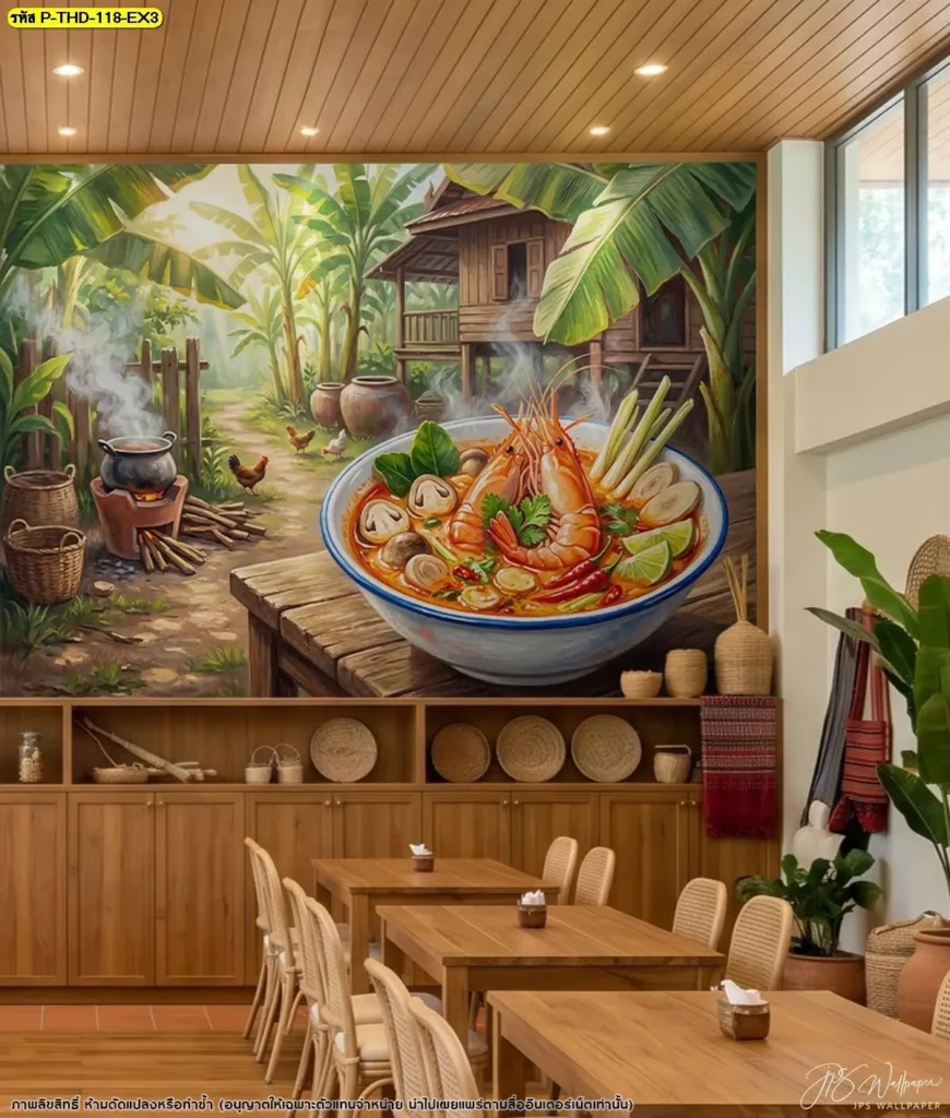 ภาพต้มยำกุ้งขนาดใหญ่บนผนังร้านอาหารโทนไม้และบรรยากาศไทยร่วมสมัย