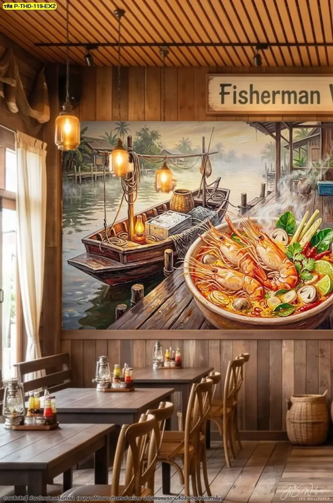 ภาพวาดซีฟู้ดไทยลายต้มยำกุ้ง ตกแต่งผนังร้านอาหารริมน้ำโทนไม้