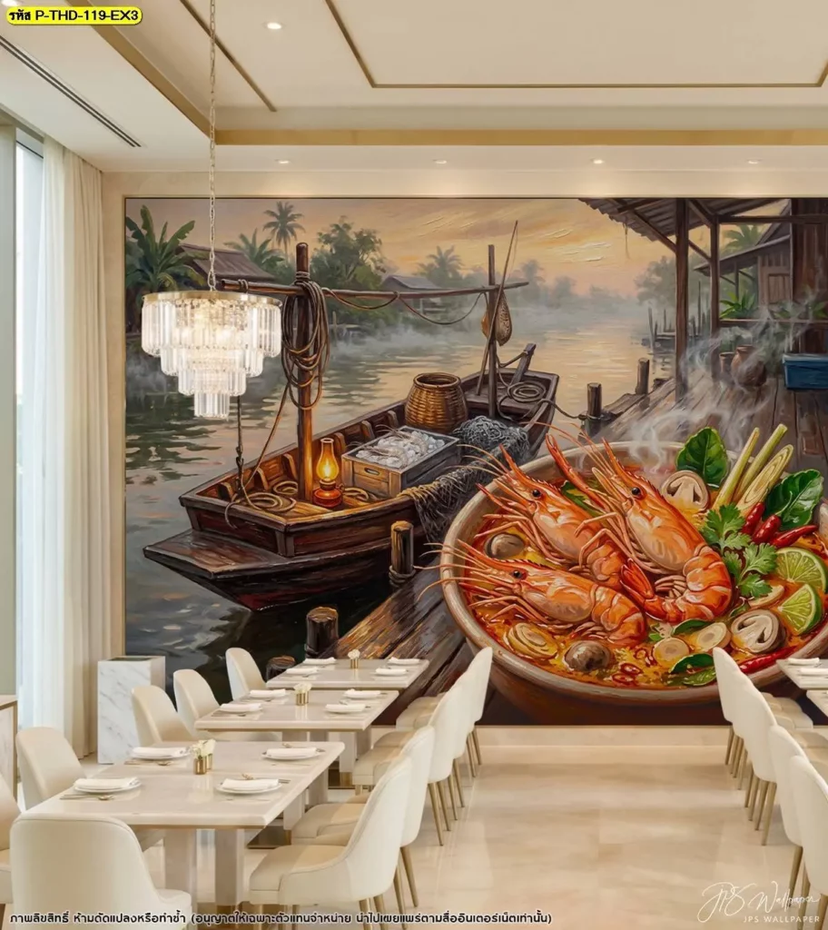 ภาพวาดซีฟู้ดไทยลายต้มยำกุ้งบนผนังร้านอาหาร Fine Dining โทนครีม