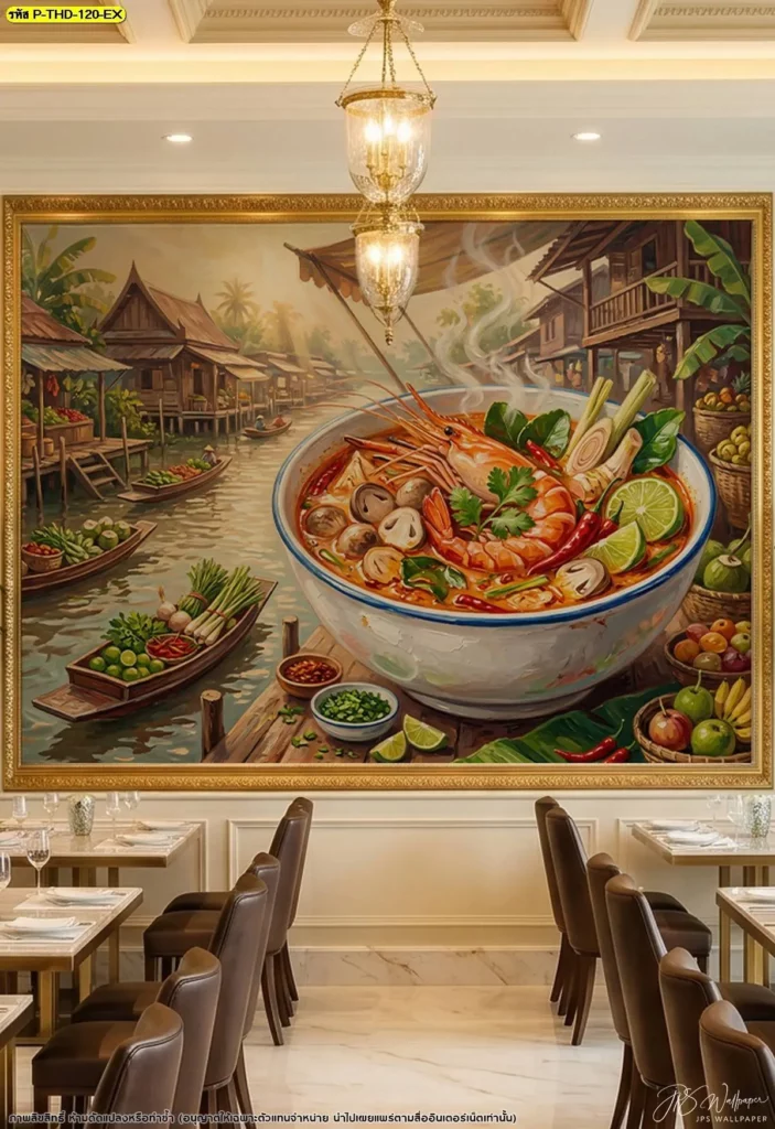 ภาพตลาดน้ำต้มยำกุ้งในกรอบทอง ตกแต่งร้านอาหารไทยหรู