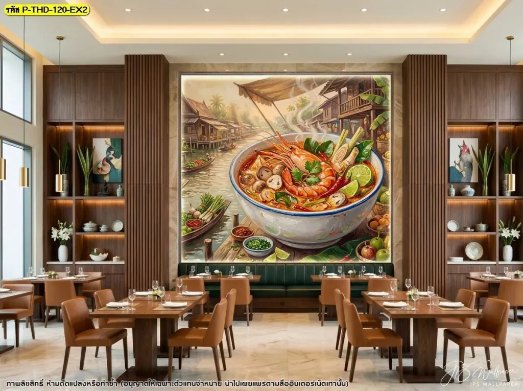 วอลเปเปอร์ภาพต้มยำกุ้งบนผนังสูงในร้านอาหารไทย