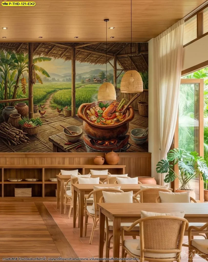 ภาพครัวชนบทไทยกับร้านอาหารรีสอร์ทตกแต่งไม้และหวาย