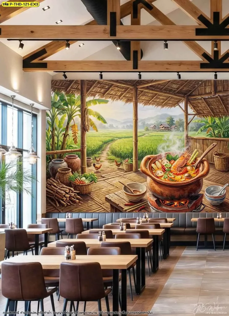 ภาพครัวชนบทไทยลายต้มยำกุ้งบนผนังร้านอาหารร่วมสมัย