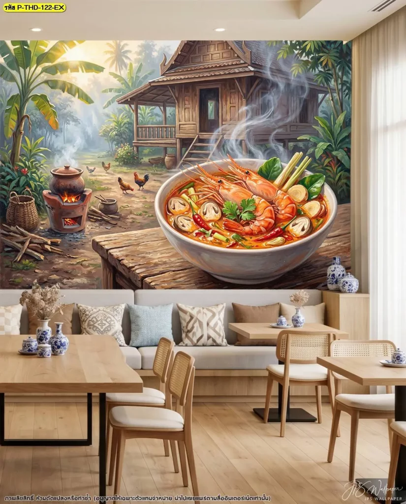 วอลเปเปอร์บ้านไทยชนบทภาพต้มยำกุ้งในคาเฟ่เฟอร์นิเจอร์ไม้สีอ่อน